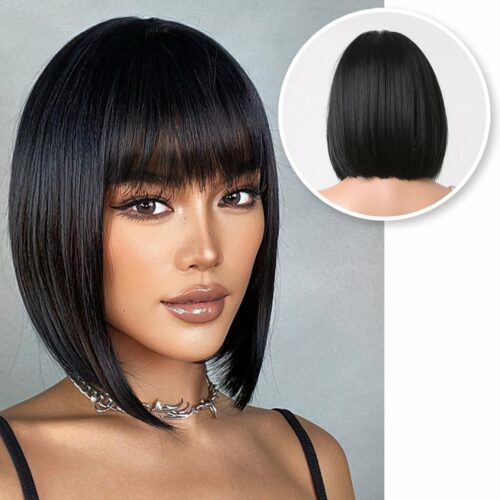 Zwarte Pruik - Pruiken Dames - Wig - Kort Haar met Pony - Zwart - 13inch 30,48 cm