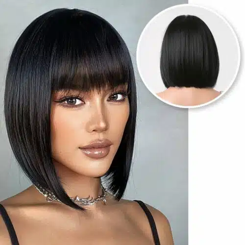 Zwarte Pruik - Pruiken Dames - Wig - Kort Haar met Pony - Zwart - 13inch 30,48 cm