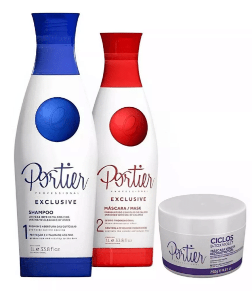 3 Complete Kit Portier Exclusieve Keratinebehandeling 2x1L + Portier Haar Botox Ciclos violett Braziliaans Masker Volumereductie 250g & Gratis VC-borstel