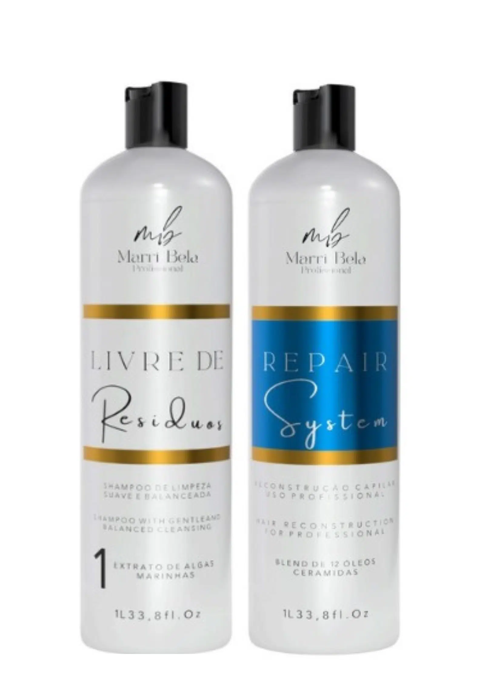 Braziliaanse Keratine Behandelingskit Marri Bela Reina Professional Shampoo Residuos en Hair Repair System Masker 2x1L 33.8 fl.Oz