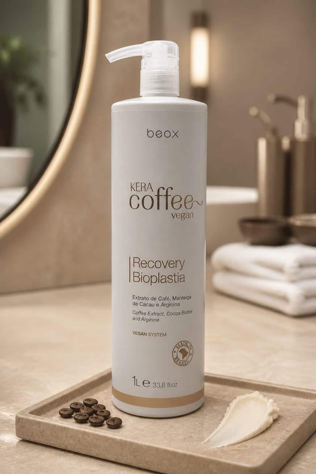 Beox Vegan KeraCoffee Braziliaans Keratine Behandeling Recovery Bioplasty 1L 33,08 fl oz + (Hair Brush & Beox Special d'Or -Oleo de Argan Beox 9ml) Gratis - Afbeelding 3
