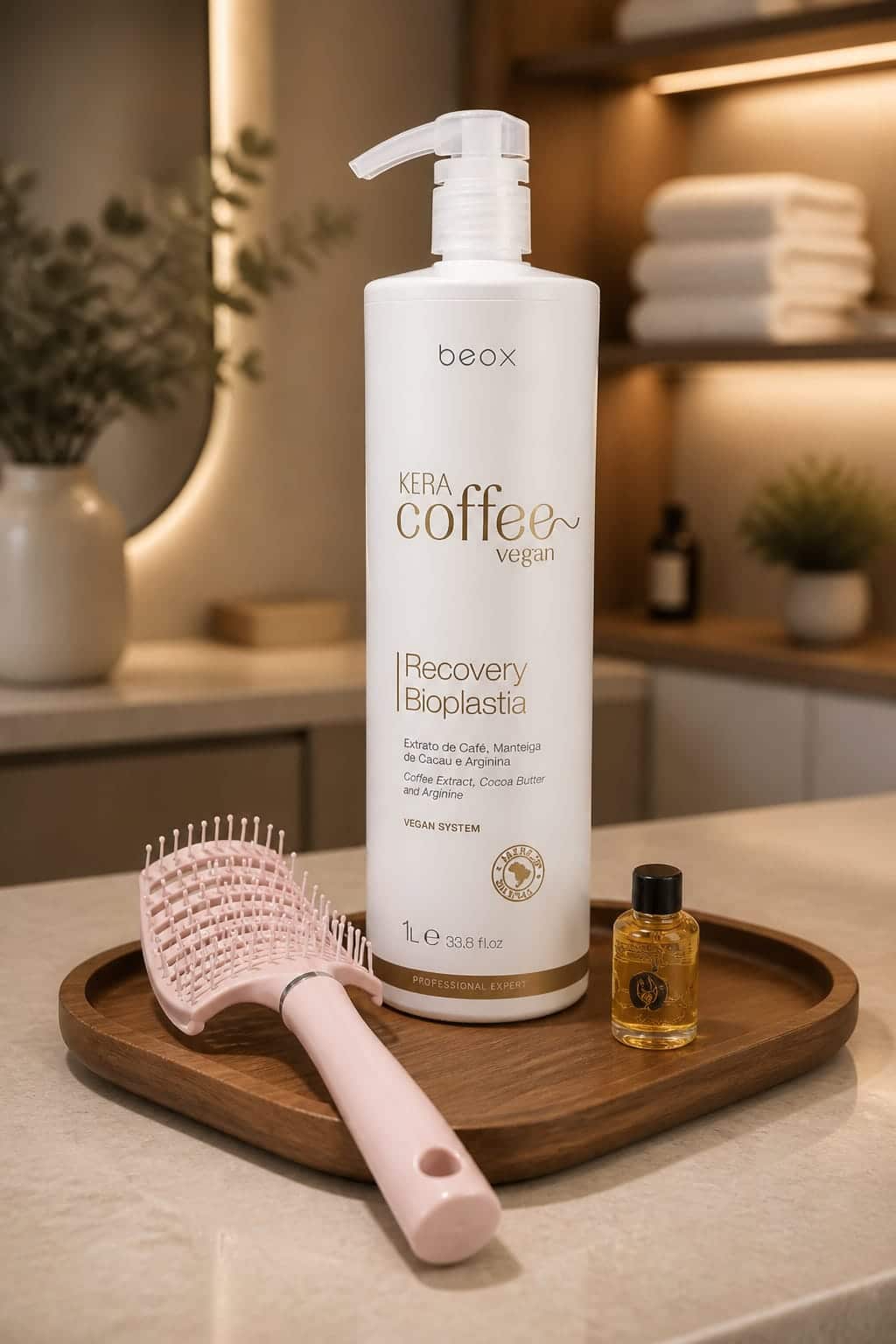 Beox Vegan KeraCoffee Braziliaans Keratine Behandeling Recovery Bioplasty 1L 33,08 fl oz + (Hair Brush & Beox Special d'Or -Oleo de Argan Beox 9ml) Gratis